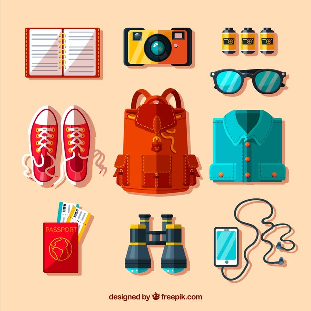 Mochila y otros elementos de viaje en diseño plano