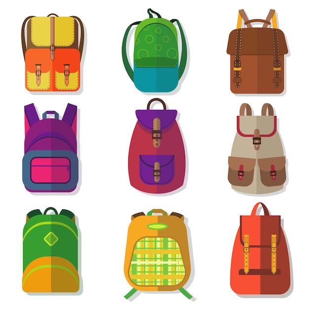 Mochilas escolares o mochilas de colores para niños aislados en blanco.
