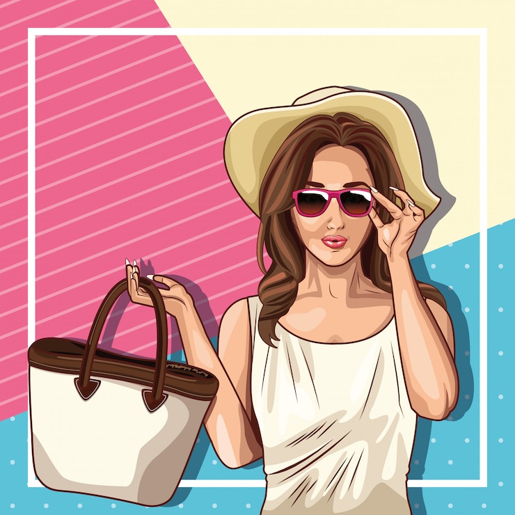 Vector gratuito moda de arte pop y dibujos animados de mujer hermosa