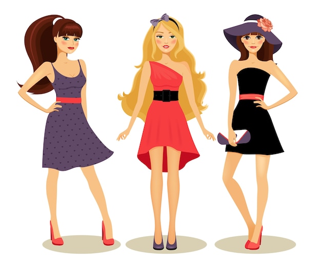 Vector gratuito moda chicas lindas en nuevos vestidos de primavera ilustración vectorial