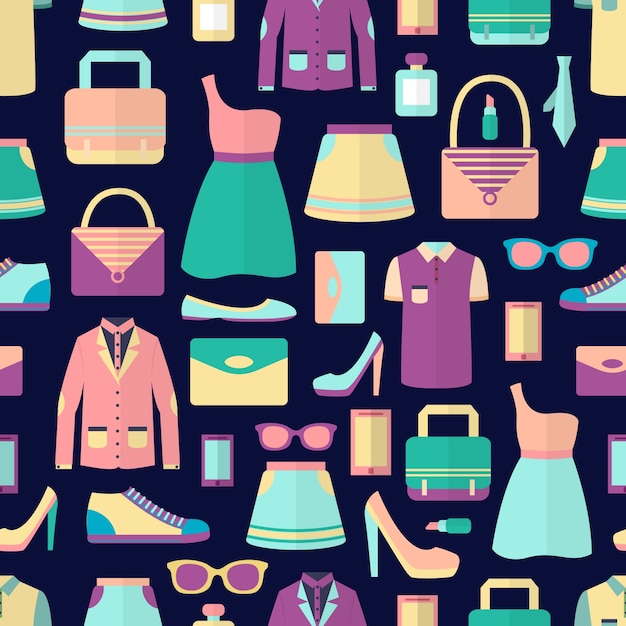 Vector gratuito moda masculina y femenina elegante accesorios de compras casual sin patrón ilustración vectorial