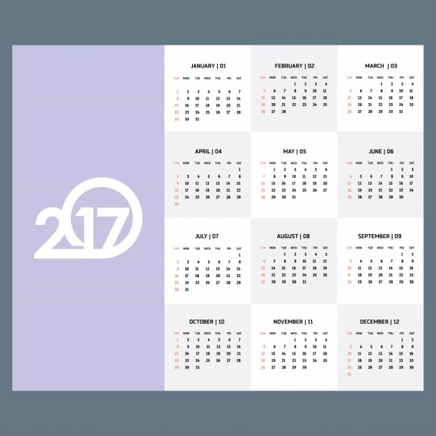 Modelo de calendario 2017 en color morado 
