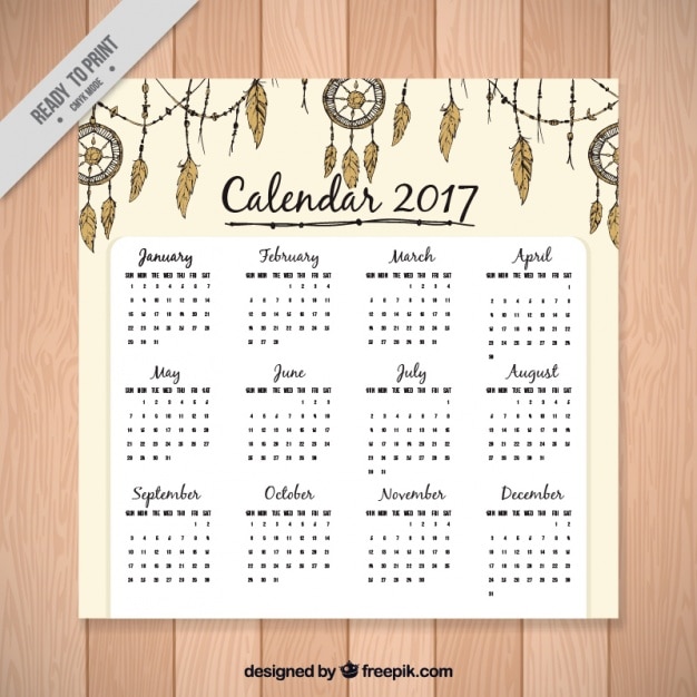 Modelo de calendario 2017 con ornamentos étnicos