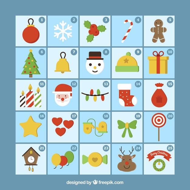 Modelo de calendario navideño con elementos decorativos en diseño plano