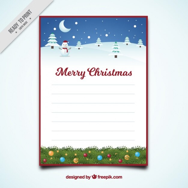 Modelo de carta de feliz navidad con paisaje nevado