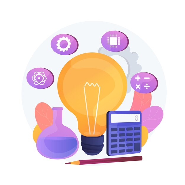 Modelo educativo STEM. Programa de aprendizaje, campos de estudio básicos, asignaturas escolares. Bombilla con iconos de ciencia, tecnología, ingeniería y matemáticas.