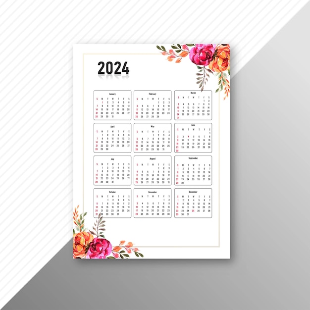 Modelo de folleto para el diseño floral de calendario 2024