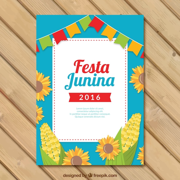 Modelo de folleto de fiesta junina con girasoles y maíz