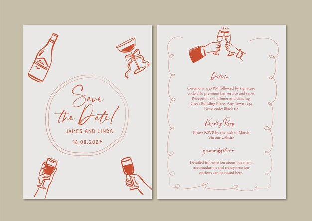 Modelo de invitación de boda caprichoso dibujado a mano