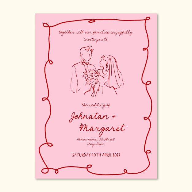 Modelo de invitación de boda caprichoso y extravagante dibujado a mano