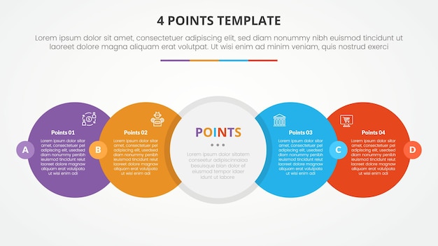 Modelo de lista de etapas de 4 puntos concepto infográfico para presentación de diapositivas con círculo grande dirección horizontal derecha con centro de insignia con estilo plano