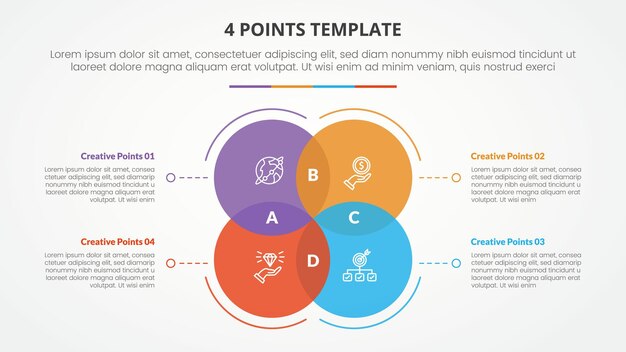 Modelo de lista de etapas de 4 puntos concepto infográfico para presentación de diapositivas con círculo grande venn ciclo flecha circular con estilo plano