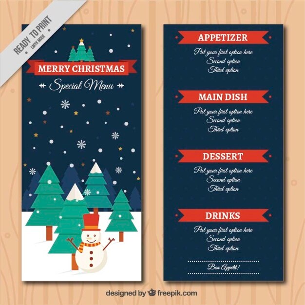 Modelo de menú navideño con paisaje invernal 