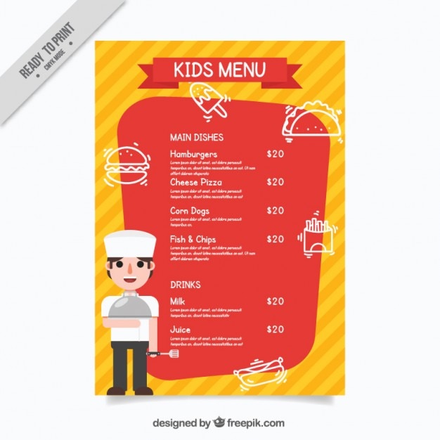 Modelo de menú de niños con un chef