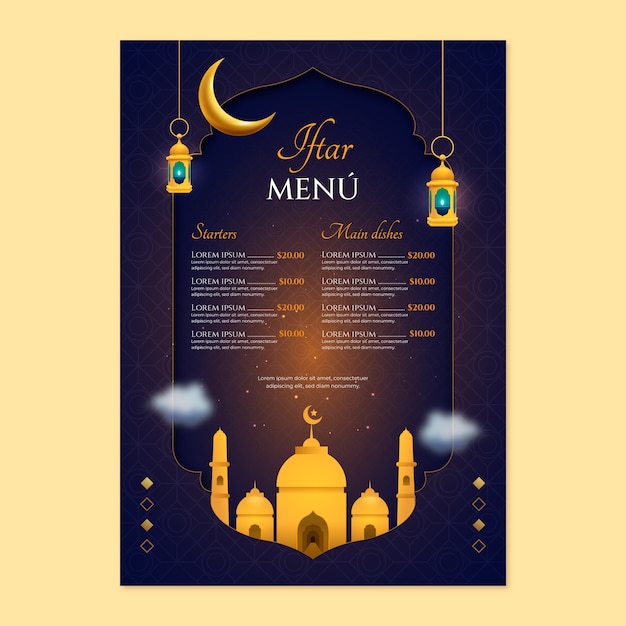 Modelo de menú realista para la fiesta de iftar