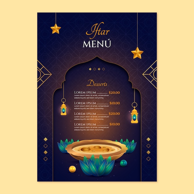 Modelo de menú realista para la fiesta de iftar