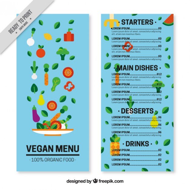 Modelo de menú vegano azul con ensalada 