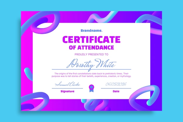 Modelo moderno de certificado de asistencia en 3D