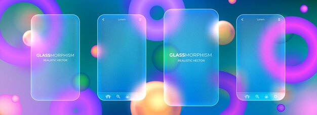Modelo de pantalla de teléfono móvil de Glassmorphism con formas abstractas flotantes borrosas en el fondo
