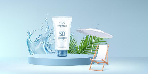 Modelo de tubo de protector solar en el podio con agua
