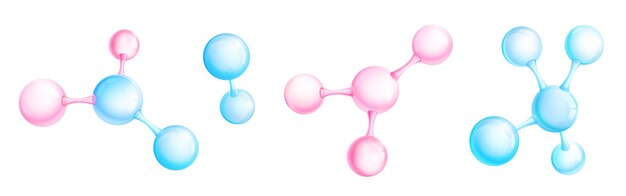 Modelos de moléculas y átomos, elementos científicos abstractos para la química, la medicina, la biología o la física. Objetos microscópicos vectoriales 3d rosados o azules aislados, esferas conectadas sobre fondo blanco