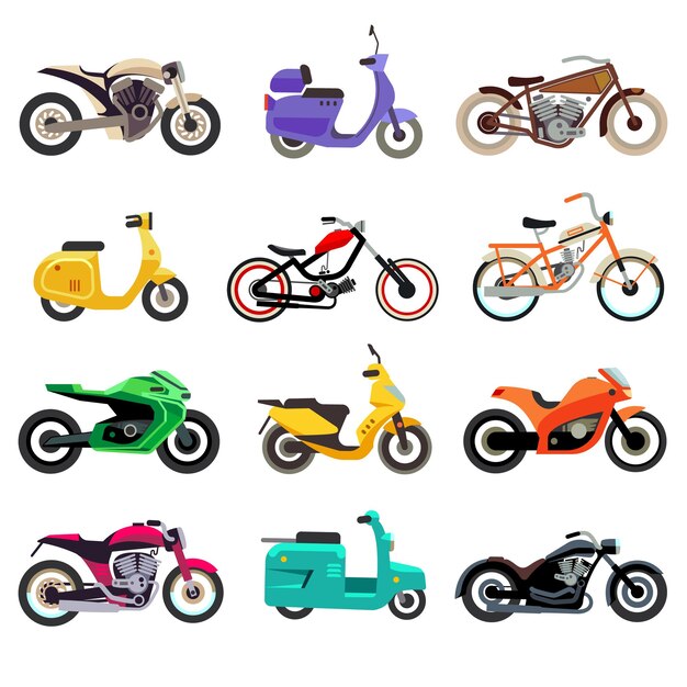 Modelos de motos, scooters y ciclomotores en estilo plano.