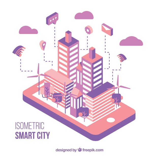 Moderna ciudad isométrica rosa y morada
