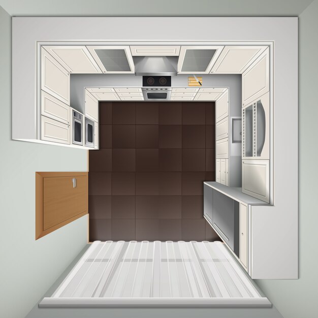 Moderna cocina de lujo con gabinetes blancos, cocina integrada y refrigerador. Imagen realista de vista superior.