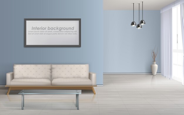 Moderna sala de estar de diseño minimalista interior espacioso vector realista maqueta con piso laminado