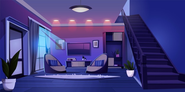 Moderna sala de estar con TV por la noche Ilustración de dibujos animados vectoriales de sillones interiores de la casa y alfombra en el piso de madera libros sobre marcos de mesa en la escalera de la pared luz de la luna en la ventana