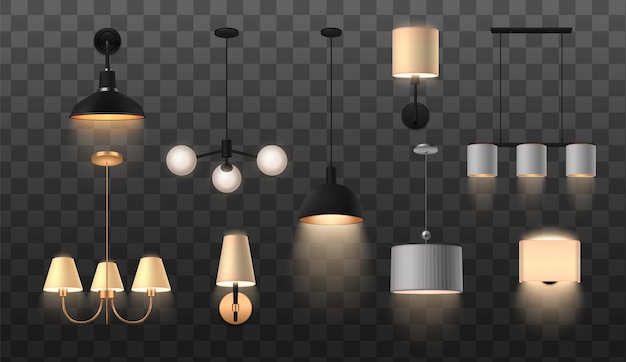 Modernas lámparas colgantes e interiores de pared realistas aisladas en una ilustración de vector de fondo transparente