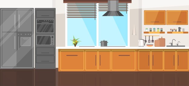 Moderno y acogedor interior de cocina con electrodomésticos de cocina, muebles de madera, gris plateado, equipo técnico, nevera, estufa, microondas, fregadero.