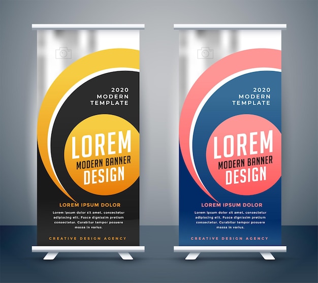 Vector gratuito moderno banner enrollable de pie en formas y colores modernos