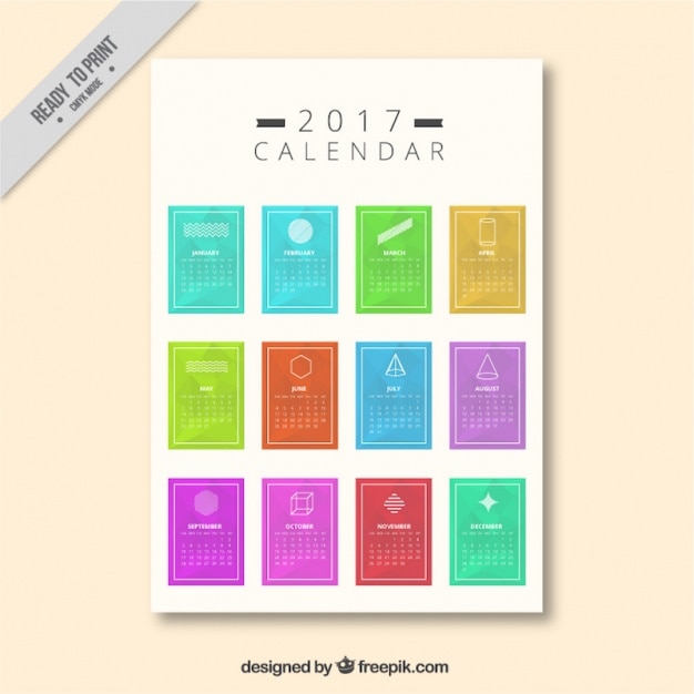 Moderno calendario 2017 de colores con dibujos geométricos