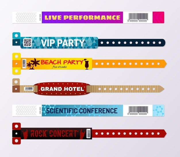 Moderno colorido hotel resort pulseras conciertos eventos pasa conferencia participantes id pulseras conjunto realista ilustración aislada