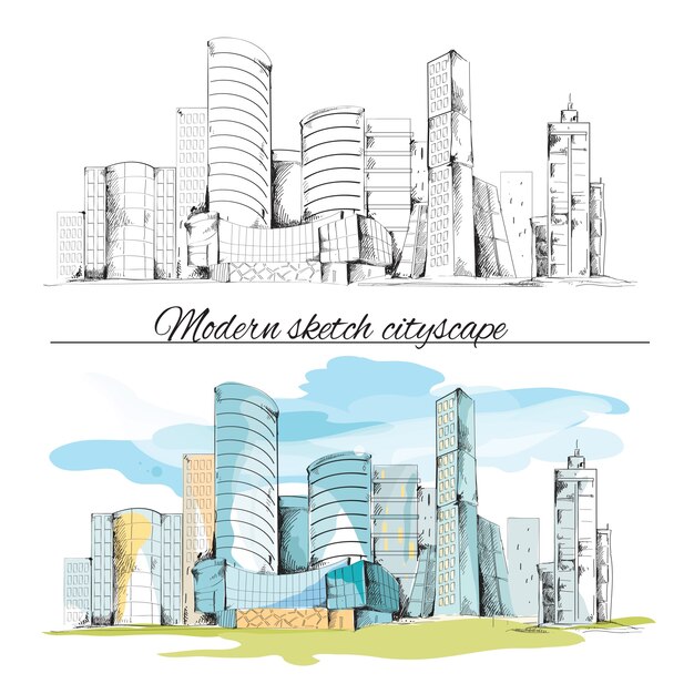 Moderno dibujo urbano dibujado a mano dibujado a mano paisaje urbano ilustración vectorial