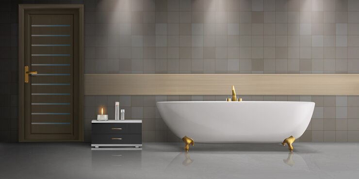 Vector gratuito moderno diseño interior de baño, maqueta realista con bañera blanca independiente de cerámica.