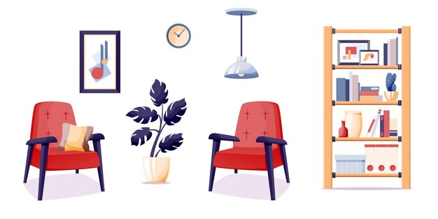 Moderno diseño de interiores de oficina en casa, muebles y elementos, sillones, estantes, estantes, libros, planta, pintura, reloj, aislado, blanco, plano de fondo