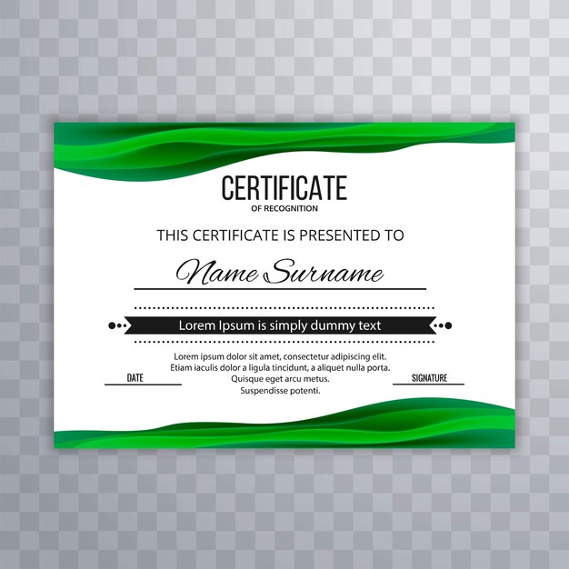 Moderno y elegante modelo de certificado con onda verde