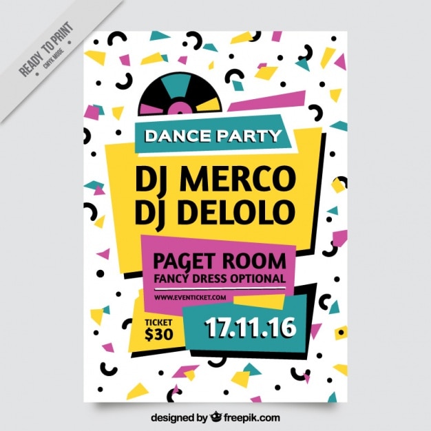 Vector gratuito moderno folleto memphis de fiesta de baile