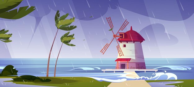 Molino de viento de faro en el mar en tormenta, edificio de molino de viento de faro en el paisaje del océano de la naturaleza con salpicaduras de agua y palmeras dobladas bajo el cielo nublado y la lluvia, Ilustración de vector de dibujos animados