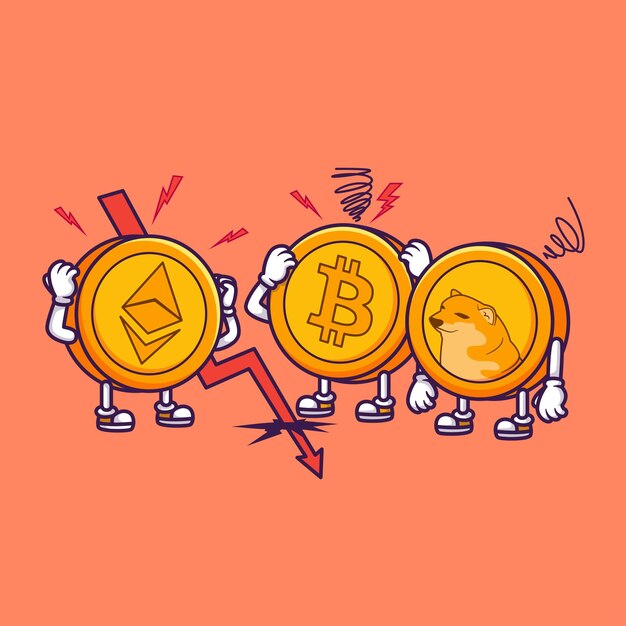 Moneda criptográfica abajo pánico icono vectorial de dibujos animados ilustración finanzas empresariales aisladas planas