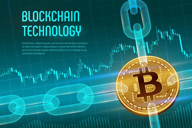 Moneda criptográfica Cadena de bloque Bitcoin 3D Bitcoin físico dorado con cadena de estructura alámbrica sobre fondo financiero azul Concepto de cadena de bloques Plantilla de criptomoneda editable Ilustración vectorial