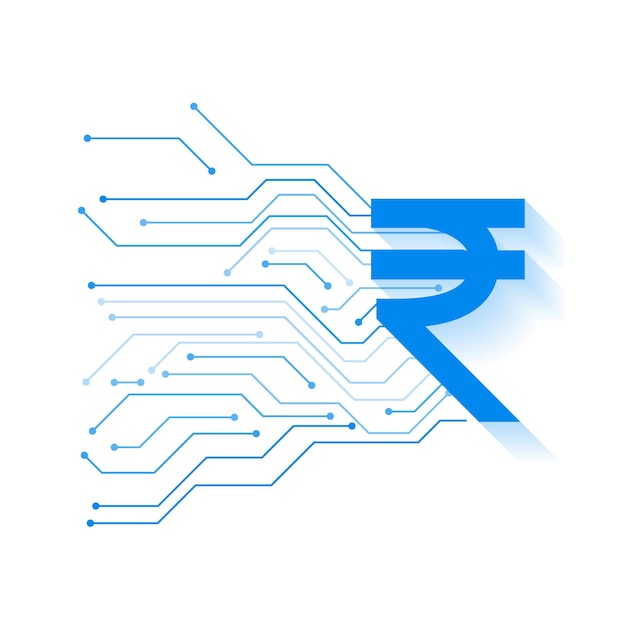 Moneda digital rupia india fondo blanco con líneas de circuito