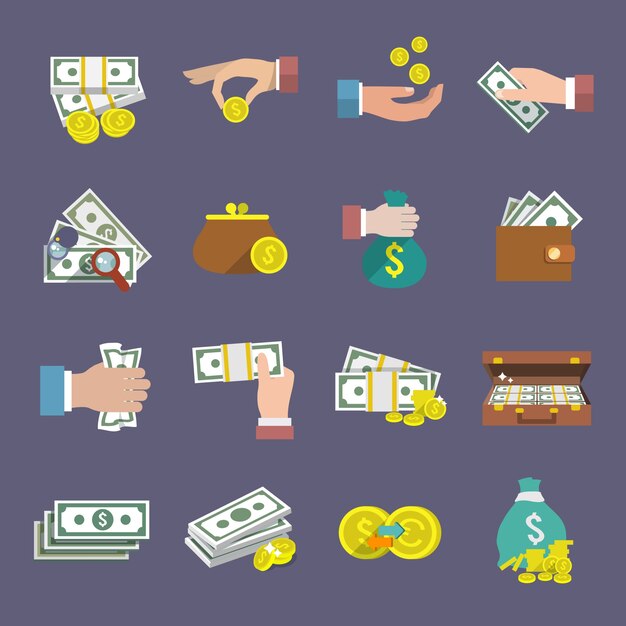 Moneda de dinero y el icono de papel en efectivo conjunto plano aislado ilustración vectorial
