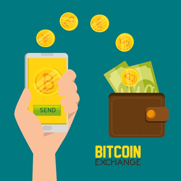 Moneda virtual de bitcoin y billetera con billetes