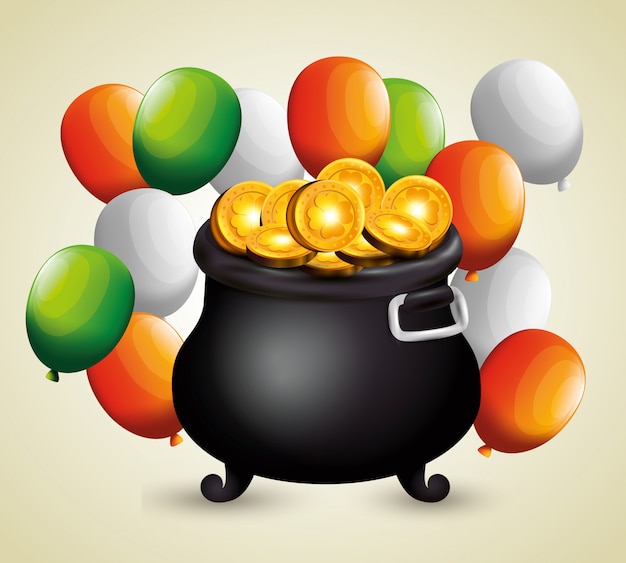 Vector gratuito monedas de oro dentro de caldero y globos para el día de san patricio