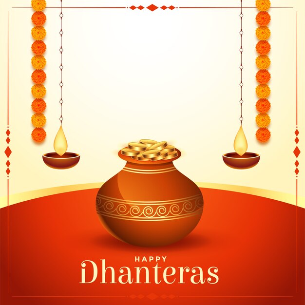 Monedas de oro olla tarjeta feliz festival dhanteras