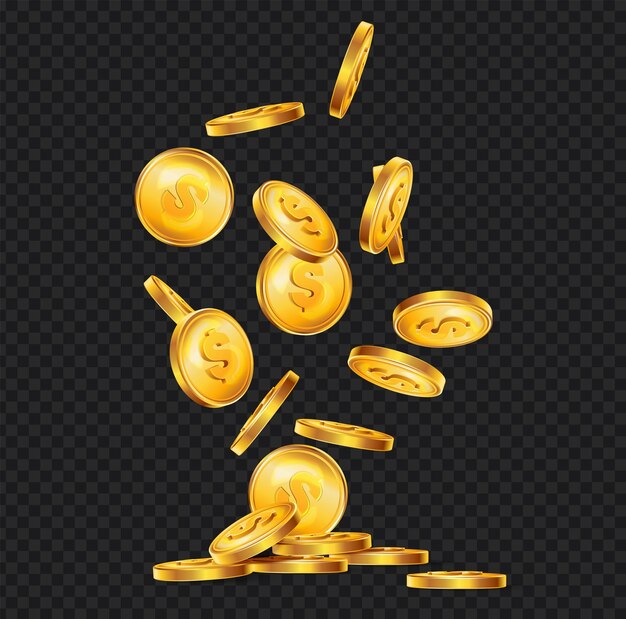 Monedas de oro realistas caen composición con fondo transparente oscuro y vista de ilustración de vector de salpicaduras de dinero brillante