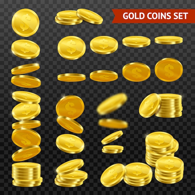 Vector gratuito monedas de oro realistas darktransparent set